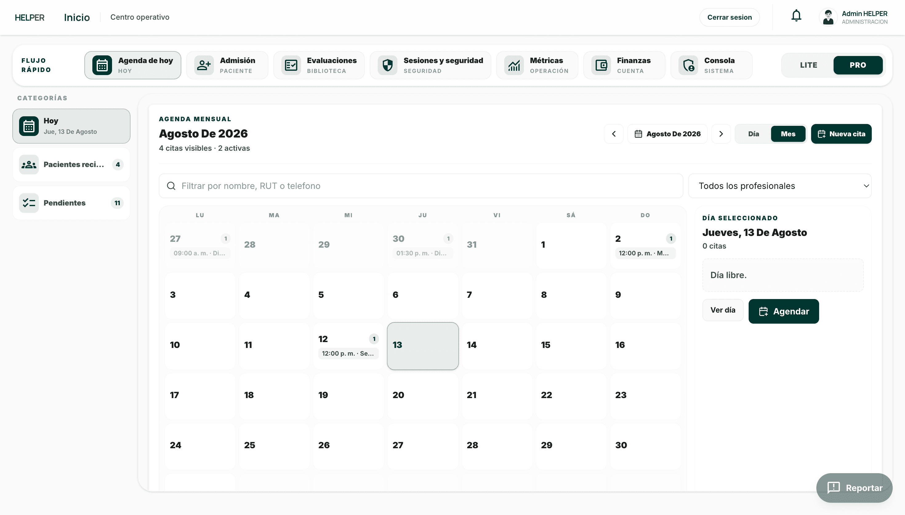 Agenda mensual de HELPER con filtros y acceso para crear una cita